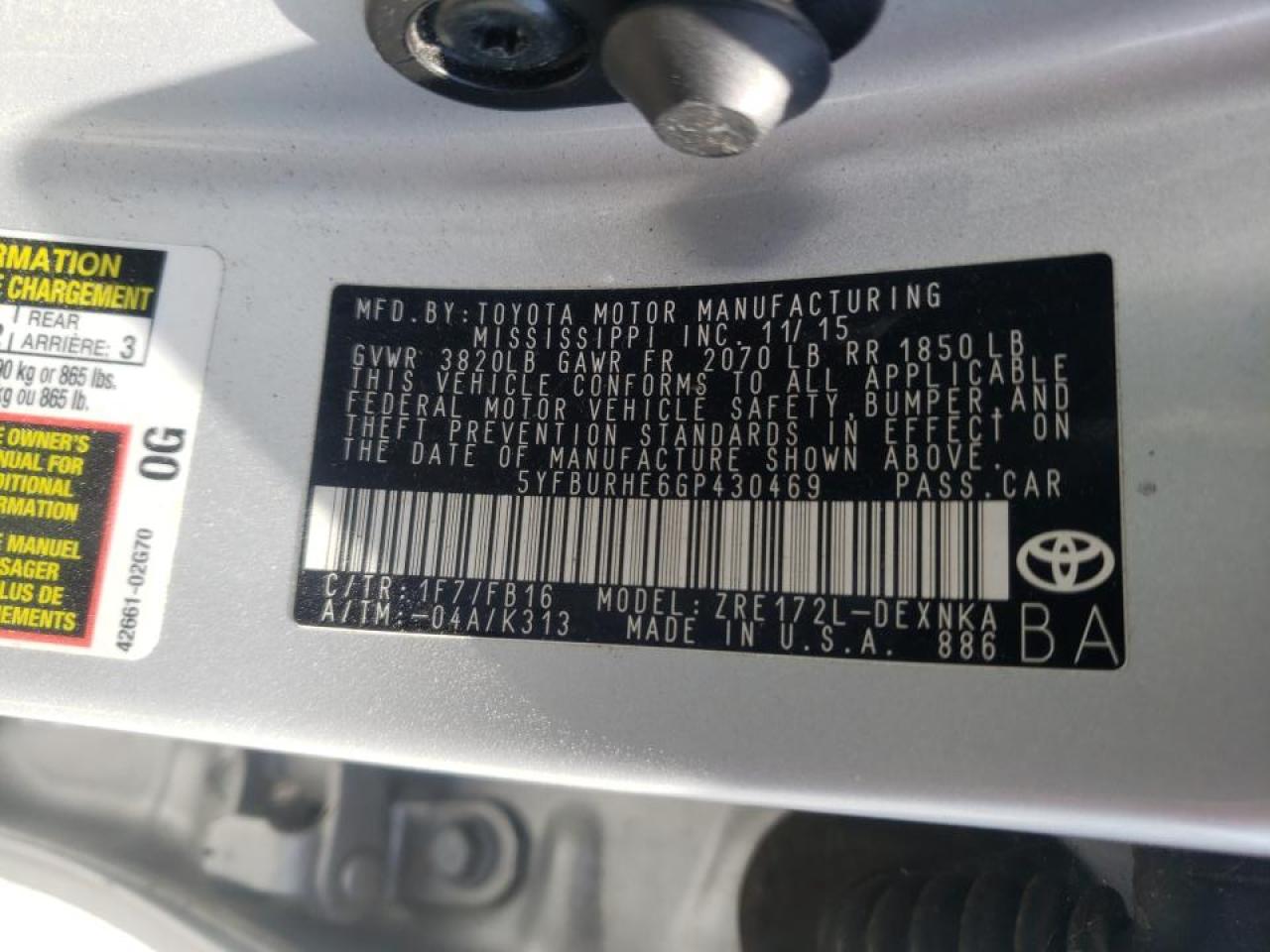 Photo 10 from auction – 2016 TOYOTA COROLLA L with VIN 5YFBURHE6GP430469
