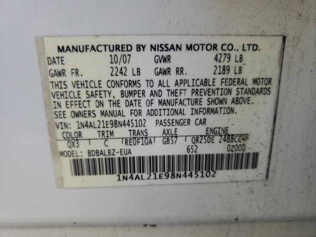 Photo 10 from auction – 2008 NISSAN ALTIMA 2.5 with VIN 1N4AL21E98N445102
