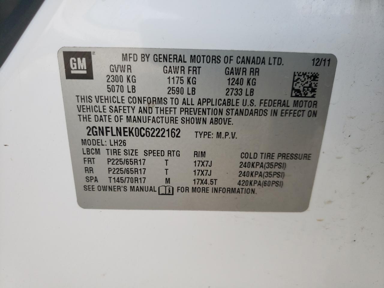 Photo 10 from auction – 2012 CHEVROLET EQUINOX LT with VIN 2GNFLNEK0C6222162