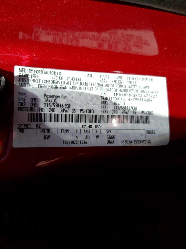 Photo 10 from auction – 2012 FORD FOCUS SE with VIN 1FAHP3F27CL475727