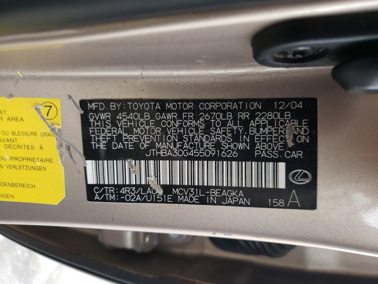 Photo 10 from auction – 2005 LEXUS ES 330 with VIN JTHBA30G455091626