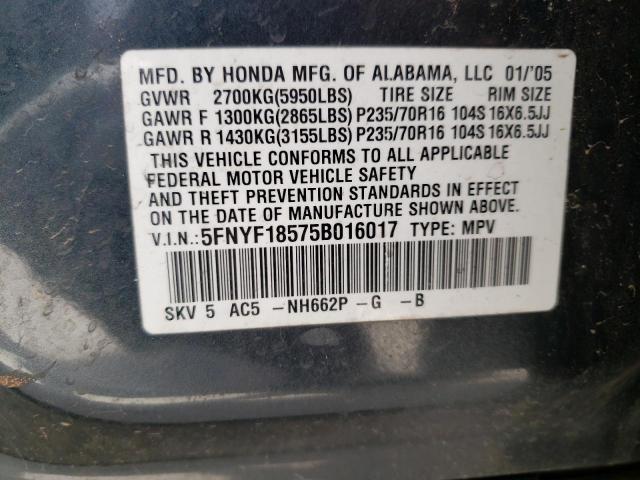 Photo 10 from auction – 2005 HONDA PILOT EXL with VIN 5FNYF18575B016017