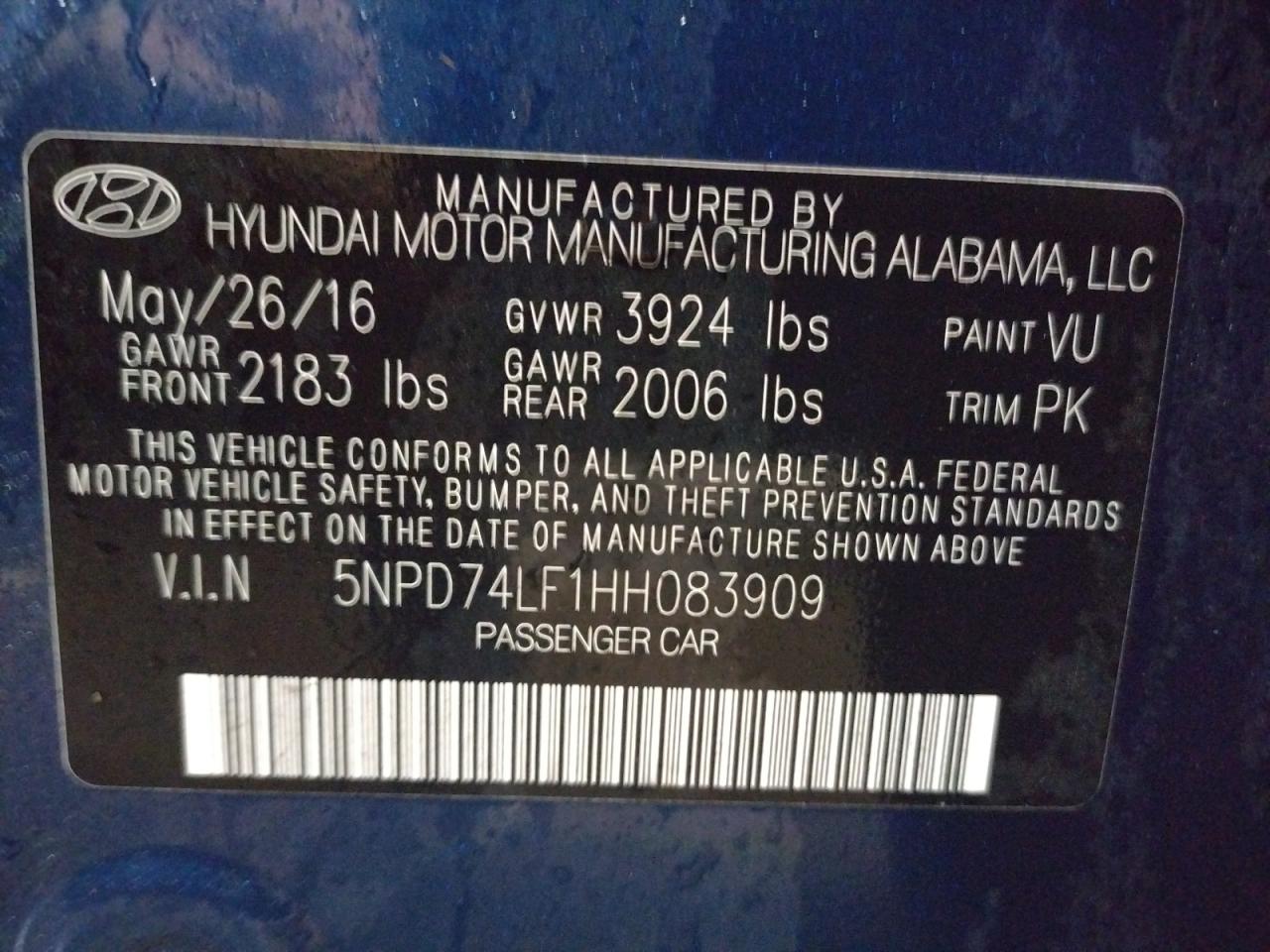 Photo 10 from auction – 2017 HYUNDAI ELANTRA SE with VIN 5NPD74LF1HH083909