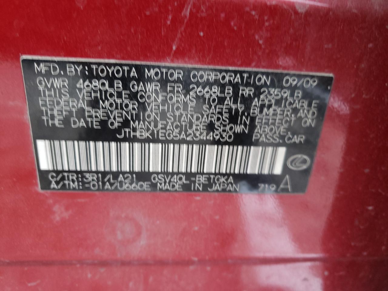Photo 10 from auction – 2010 LEXUS ES 350 with VIN JTHBK1EG5A2344930