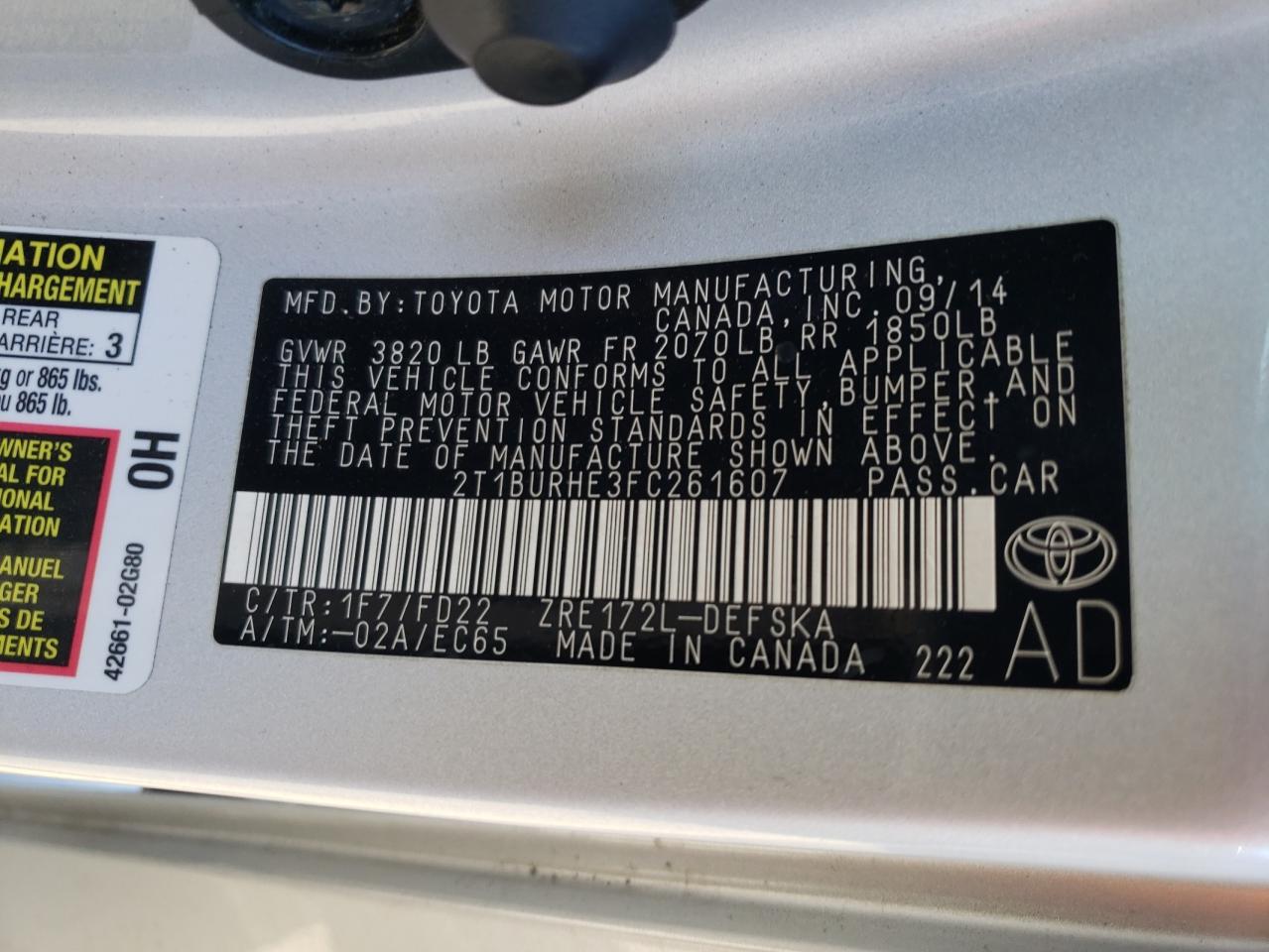 Photo 10 from auction – 2015 TOYOTA COROLLA L with VIN 2T1BURHE3FC261607