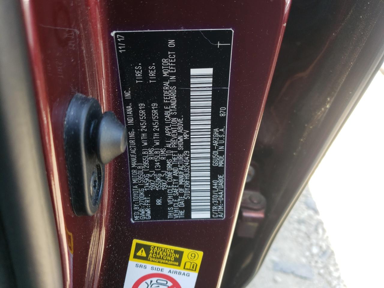 Photo 10 from auction – 2018 TOYOTA HIGHLANDER with VIN 5TDYZRFH9JS240429