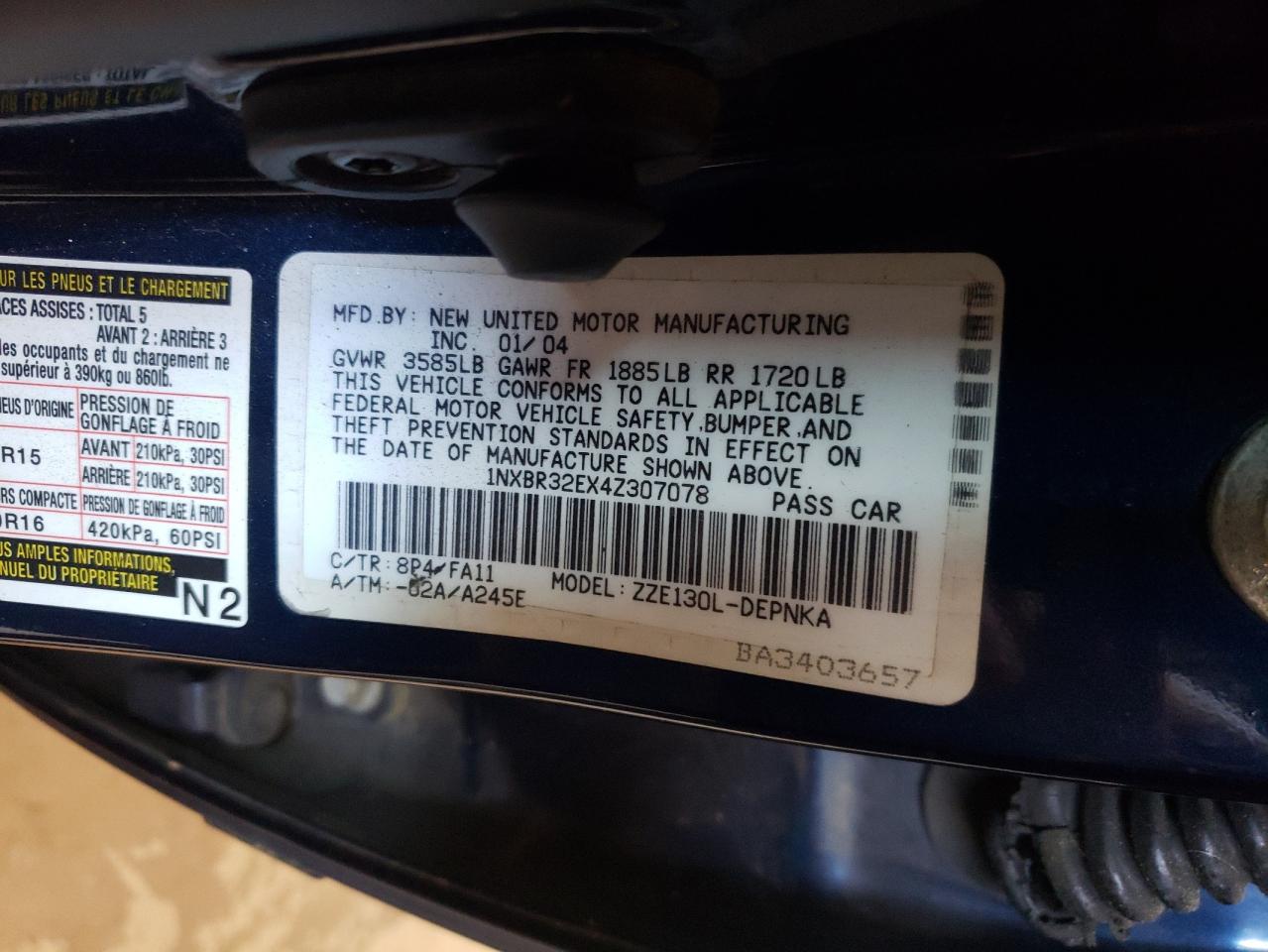 Photo 10 from auction – 2004 TOYOTA COROLLA CE with VIN 1NXBR32EX4Z307078