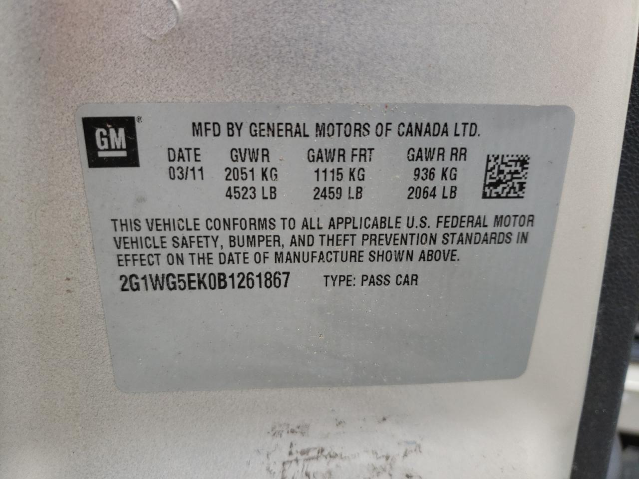 Photo 10 from auction – 2011 CHEVROLET IMPALA LT with VIN 2G1WG5EK0B1261867