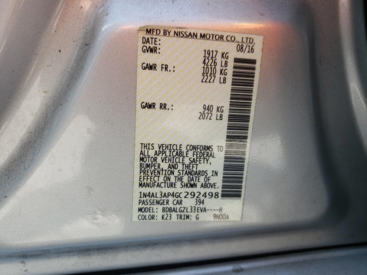 Photo 10 from auction – 2016 NISSAN ALTIMA 2.5 with VIN 1N4AL3AP4GC292498