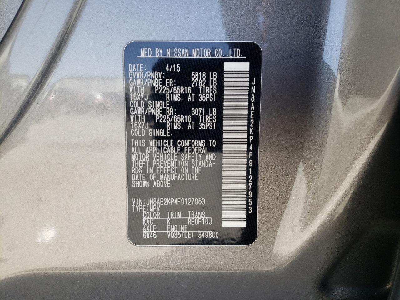 Photo 10 from auction – 2015 NISSAN QUEST S with VIN JN8AE2KP4F9127953