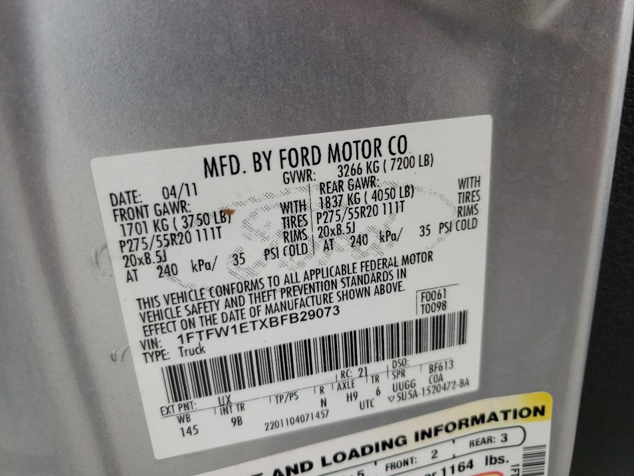 Photo 10 from auction – 2011 FORD F150 SUPER with VIN 1FTFW1ETXBFB29073