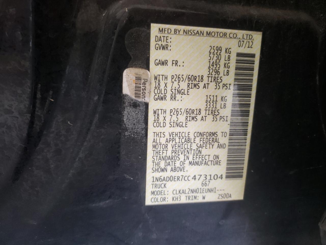 Photo 10 from auction – 2012 NISSAN FRONTIER S with VIN 1N6AD0ER7CC473104