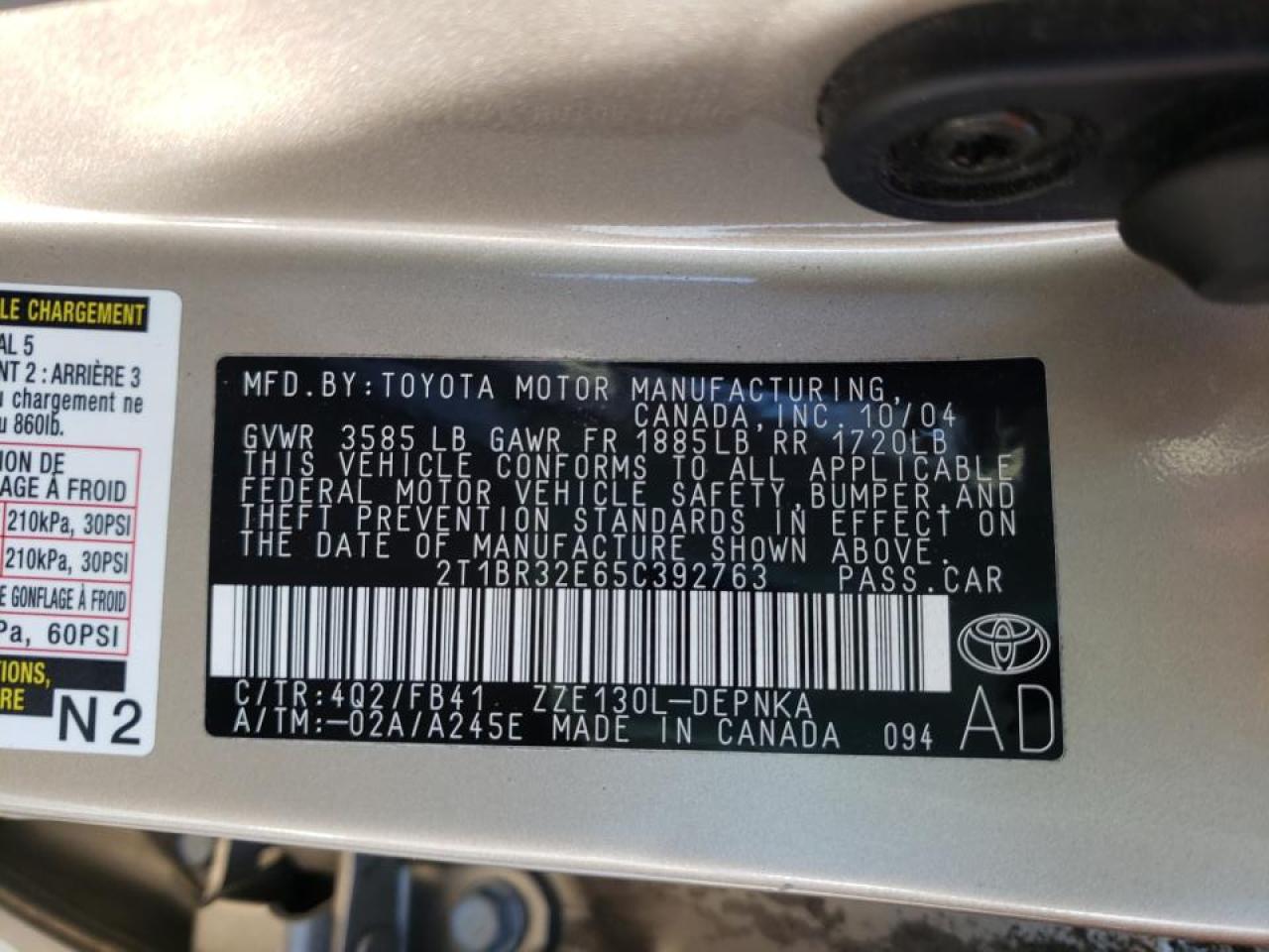 Photo 10 from auction – 2005 TOYOTA COROLLA CE with VIN 2T1BR32E65C392763