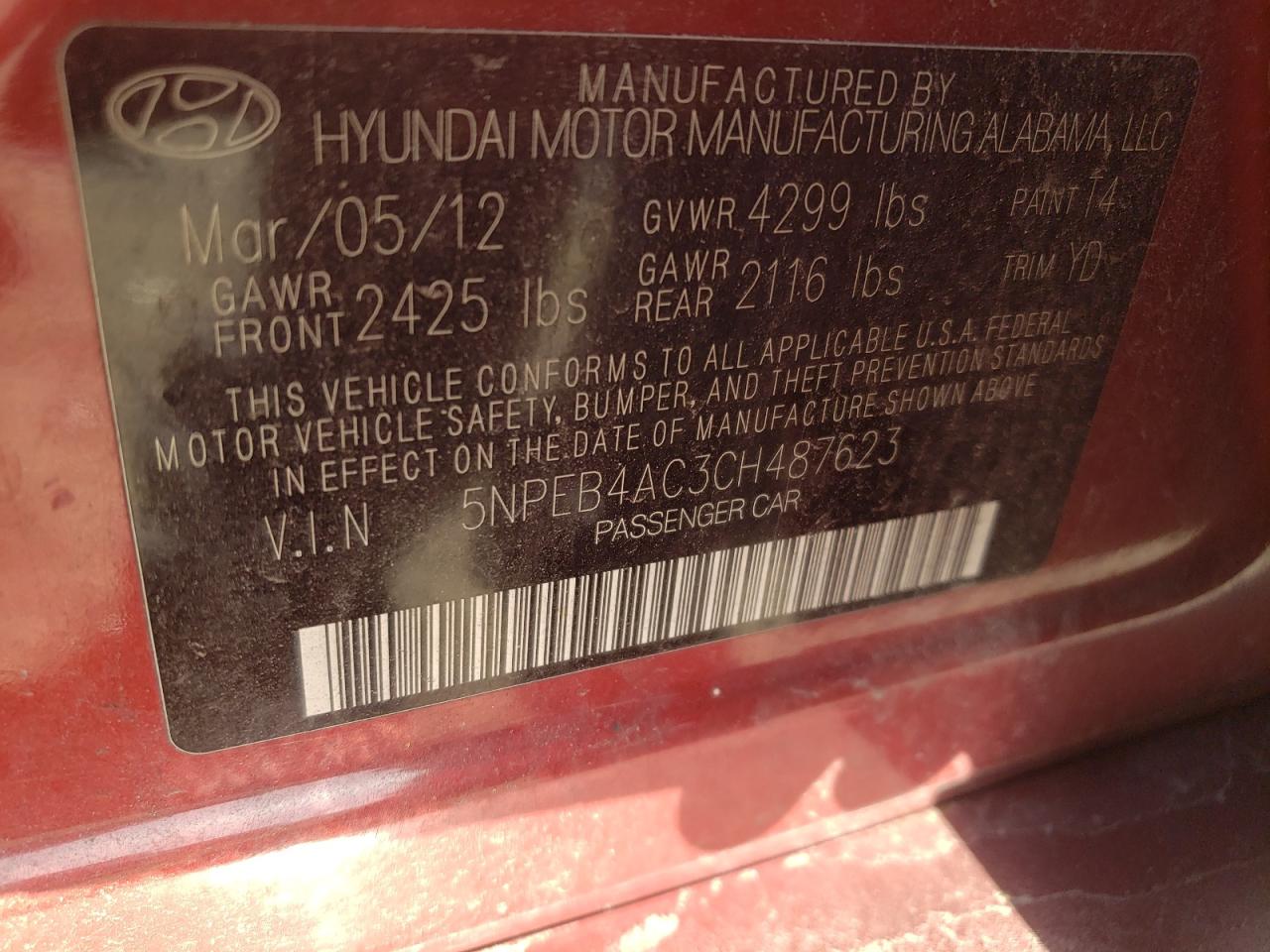 Photo 10 from auction – 2012 HYUNDAI SONATA GLS with VIN 5NPEB4AC3CH487623