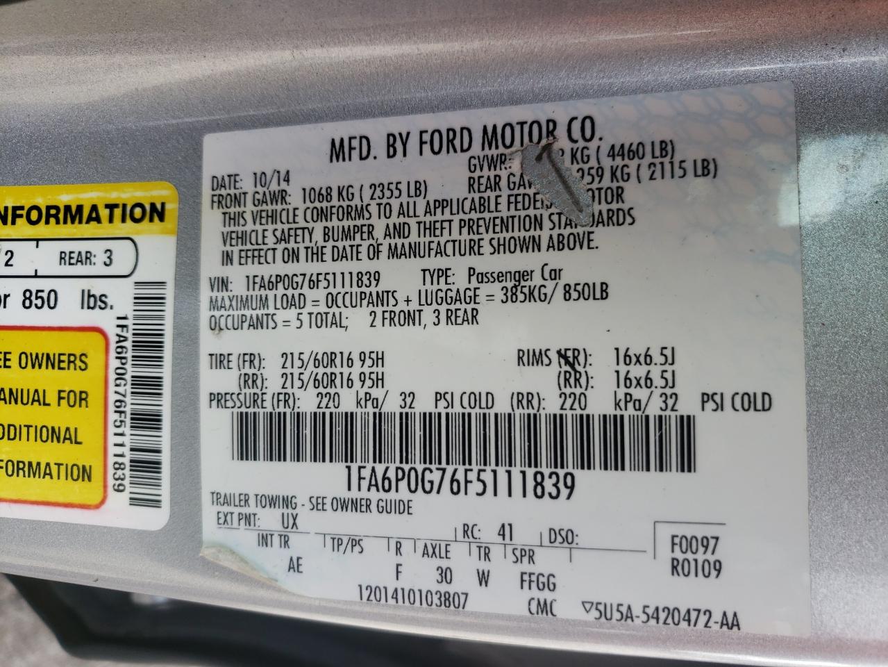 Photo 10 from auction – 2015 FORD FUSION S with VIN 1FA6P0G76F5111839
