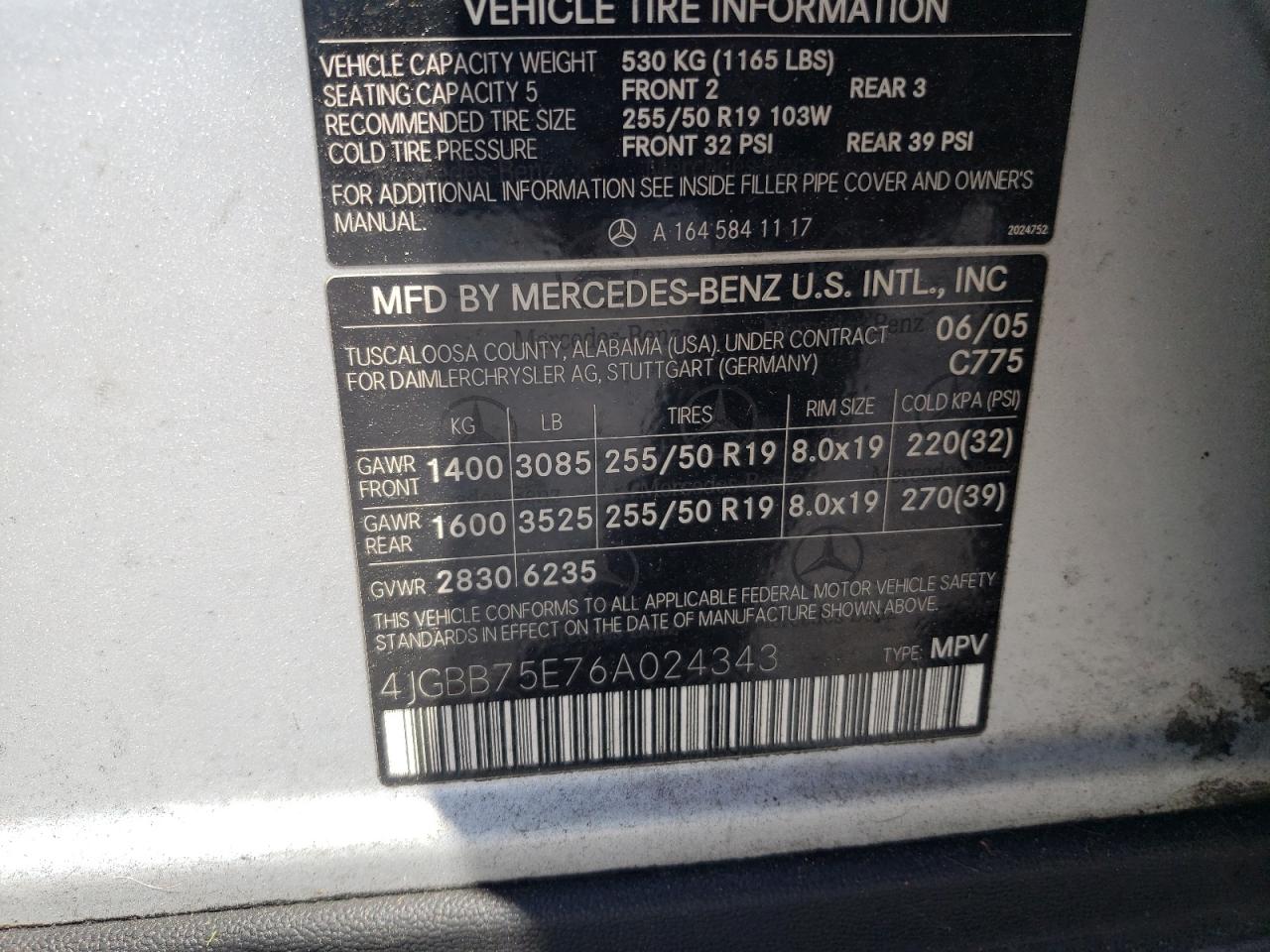 Photo 10 from auction – 2006 MERCEDES-BENZ ML 500 with VIN 4JGBB75E76A024343