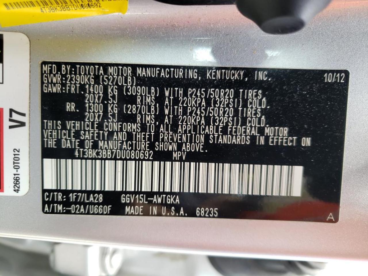 Photo 10 from auction – 2013 TOYOTA VENZA LE with VIN 4T3BK3BB7DU080692