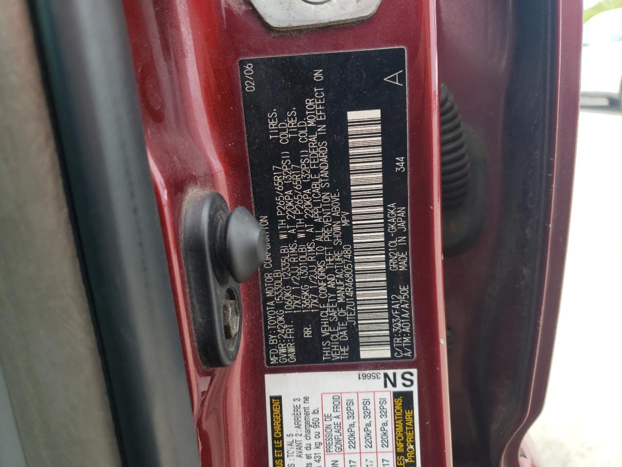 Photo 10 from auction – 2006 TOYOTA 4RUNNER SR with VIN JTEZU14R468057480
