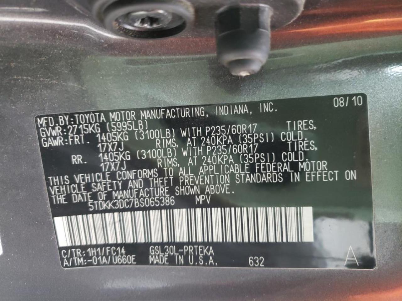 Photo 10 from auction – 2011 TOYOTA SIENNA LE with VIN 5TDKK3DC7BS065386