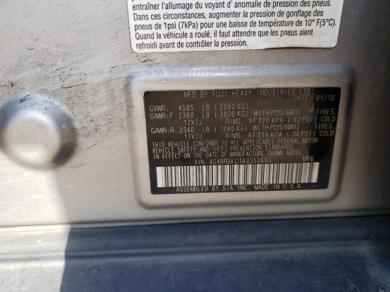 Photo 10 from auction – 2010 SUBARU OUTBACK 2. with VIN 4S4BRBKC1A3353683