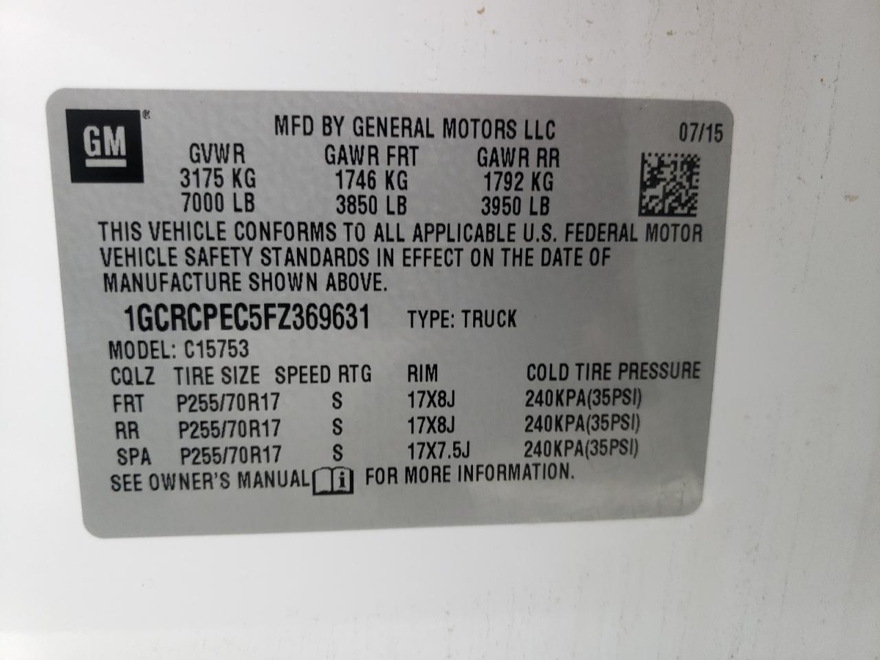 Foto 10 de la subasta – 2015 CHEVROLET SILVERADO con VIN 1GCRCPEC5FZ369631