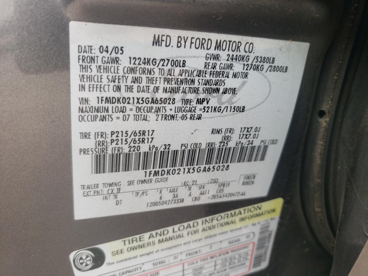 Photo 10 from auction – 2005 FORD FREESTYLE with VIN 1FMDK021X5GA65028