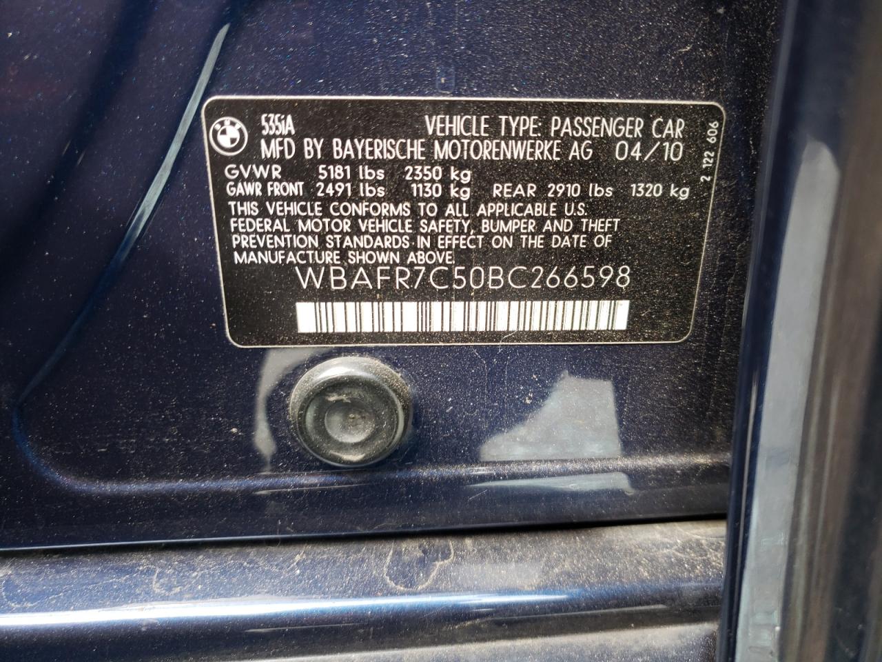 Photo 10 from auction – 2011 BMW 535 I with VIN WBAFR7C50BC266598