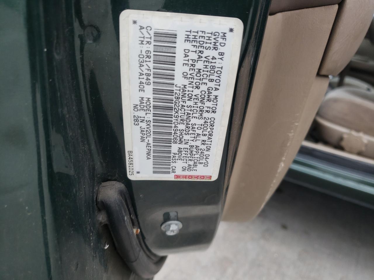 Photo 10 from auction – 2000 TOYOTA CAMRY CE with VIN JT2BG22K9Y0494068