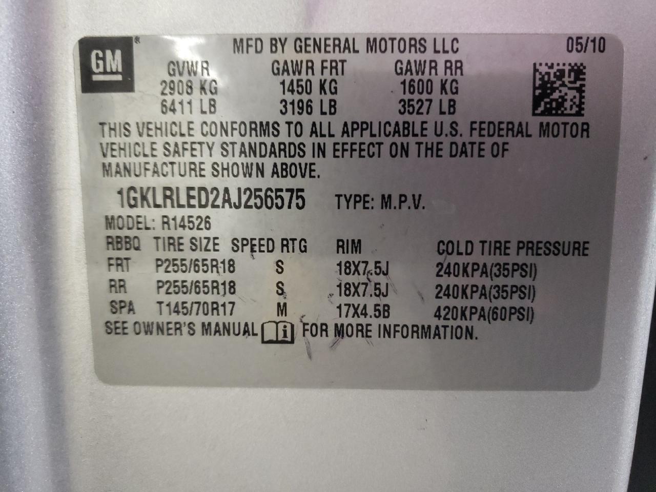 Photo 10 from auction – 2010 GMC ACADIA SLE with VIN 1GKLRLED2AJ256575