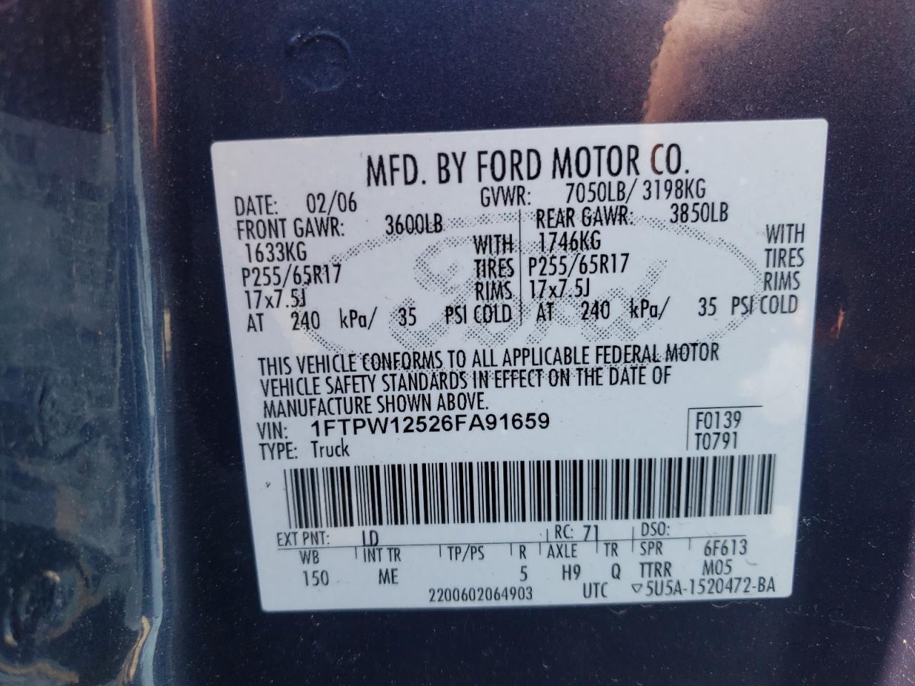 Photo 10 from auction – 2006 FORD F150 SUPER with VIN 1FTPW12526FA91659