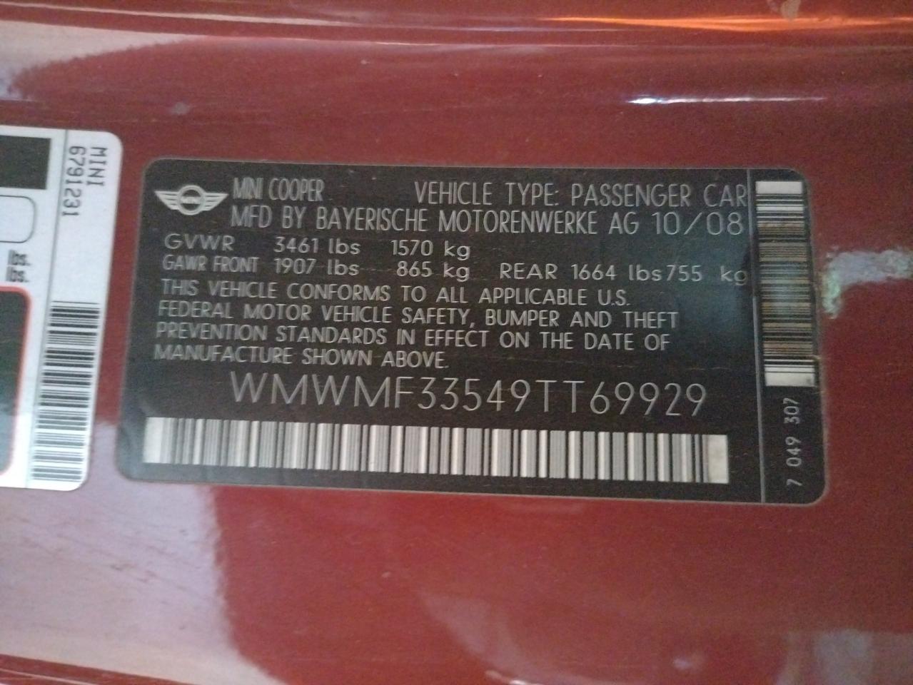 Photo 10 from auction – 2009 MINI COOPER with VIN WMWMF33549TT69929