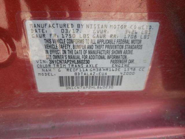 Photo 10 from auction – 2017 NISSAN VERSA S with VIN 3N1CN7AP2HL860230