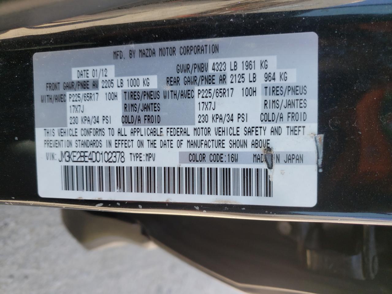 Photo 10 from auction – 2013 MAZDA CX-5 SPORT with VIN JM3KE2BE4D0102378