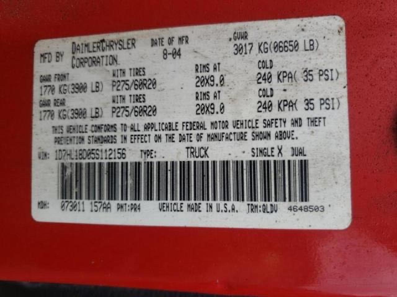 Photo 10 from auction – 2005 DODGE RAM 1500 S with VIN 1D7HU18D055112156