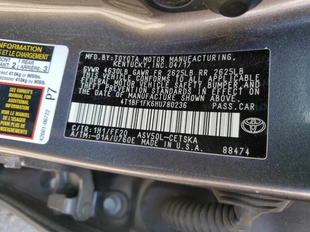 Photo 10 from auction – 2017 TOYOTA CAMRY LE with VIN 4T1BF1FK6HU780236