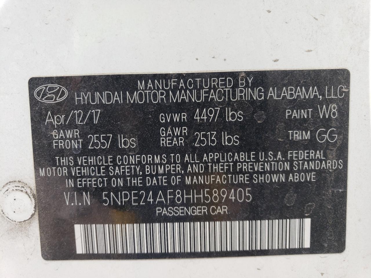 Photo 10 from auction – 2017 HYUNDAI SONATA SE with VIN 5NPE24AF8HH589405