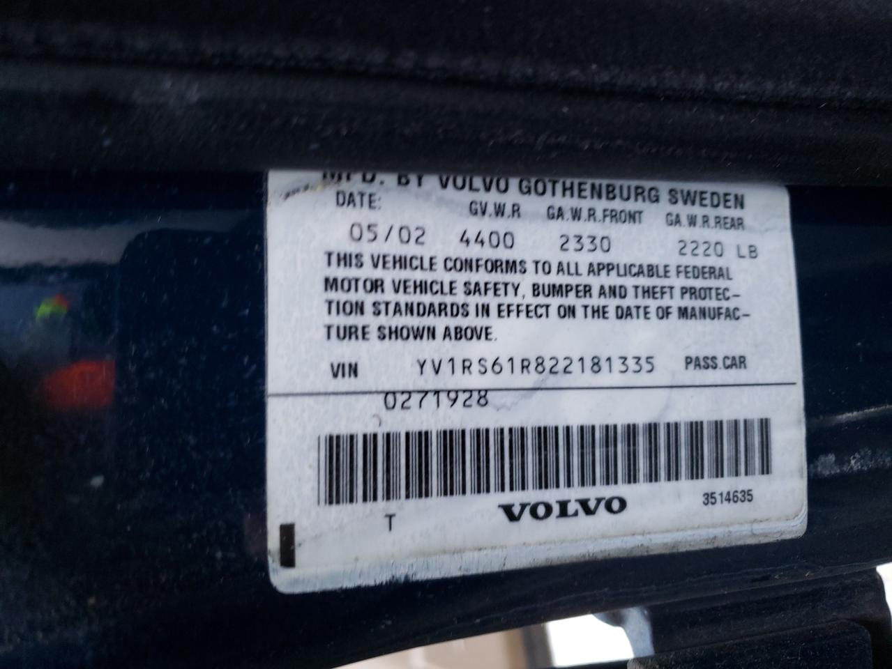 Photo 10 from auction – 2002 VOLVO S60 with VIN YV1RS61R822181335