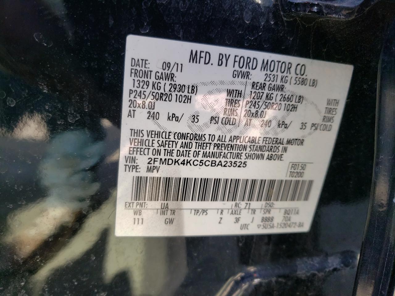 Photo 10 from auction – 2012 FORD EDGE LIMIT with VIN 2FMDK4KC5CBA23525