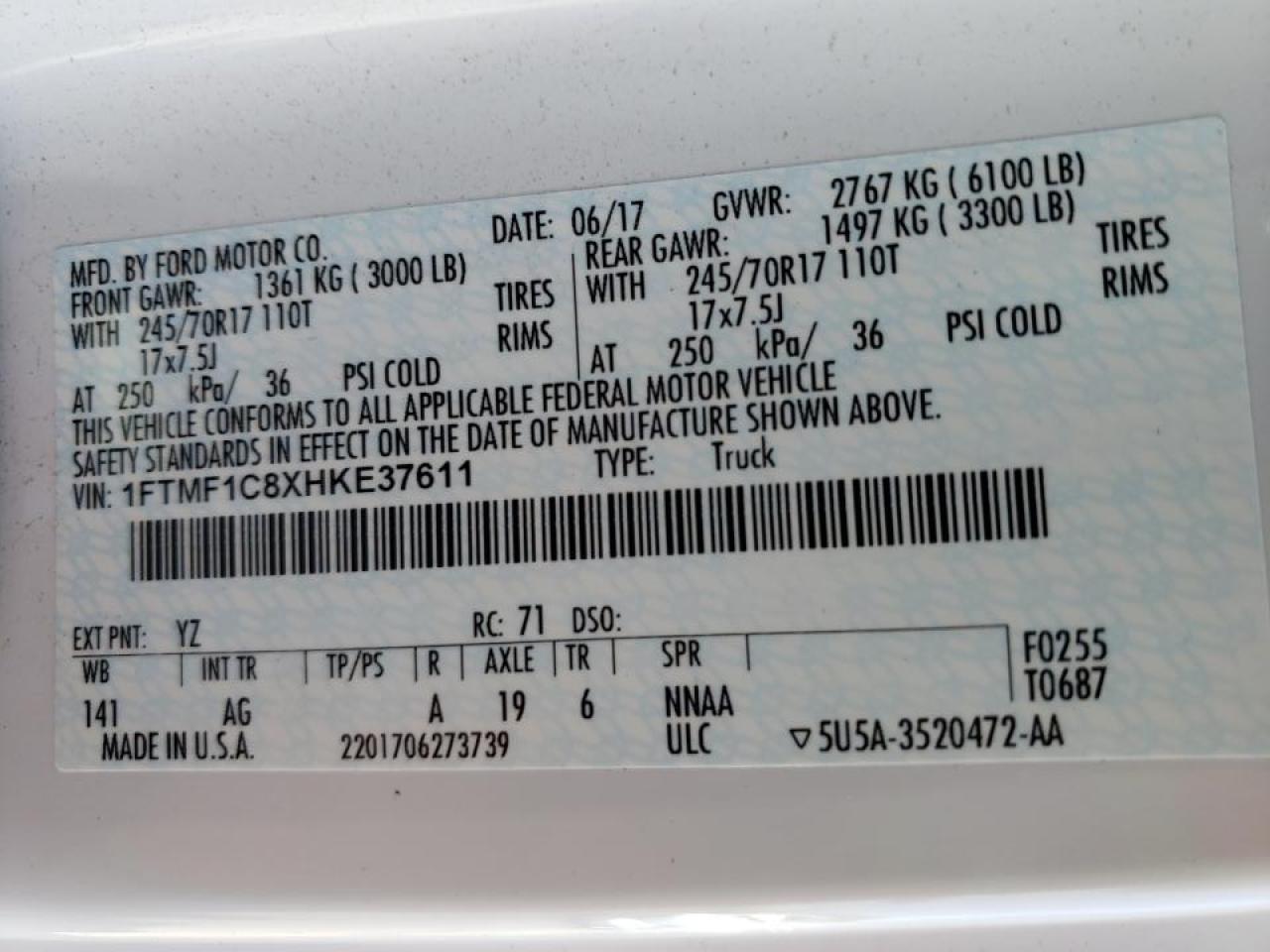 Photo 10 from auction – 2017 FORD F150 with VIN 1FTMF1C8XHKE37611