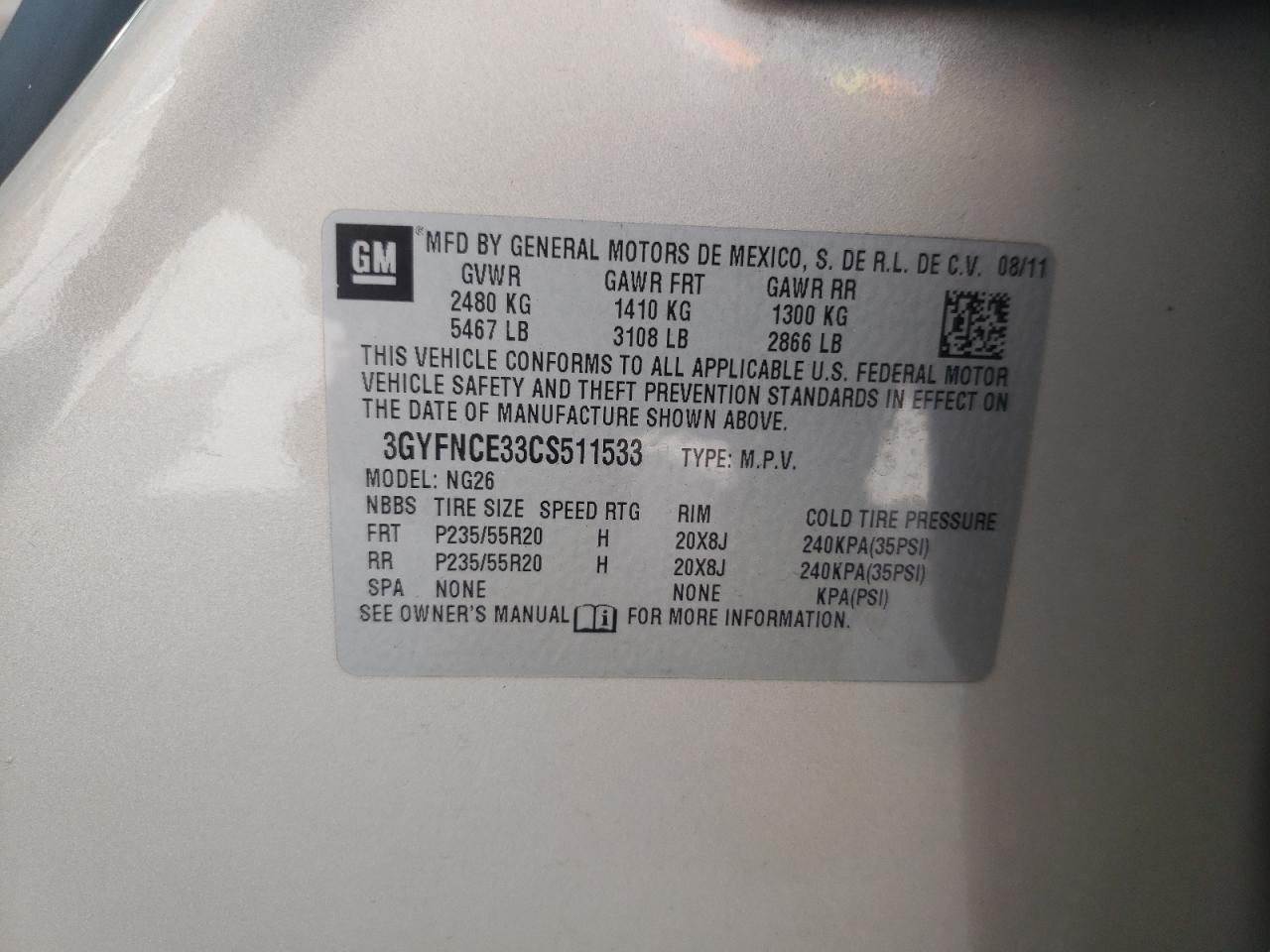Photo 10 from auction – 2012 CADILLAC SRX PREMIU with VIN 3GYFNCE33CS511533