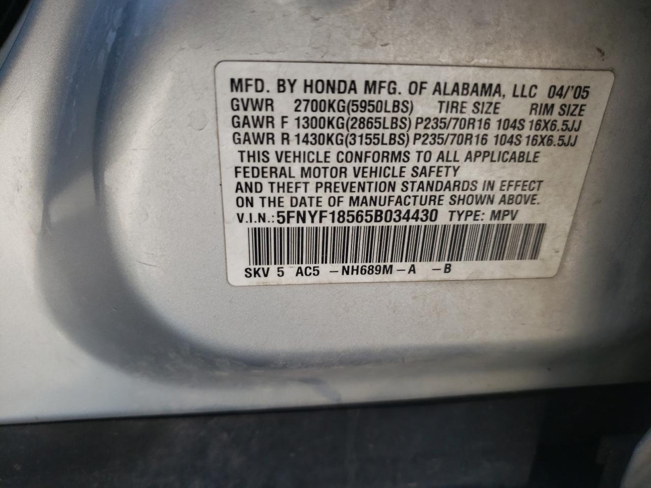 Photo 10 from auction – 2005 HONDA PILOT EXL with VIN 5FNYF18565B034430