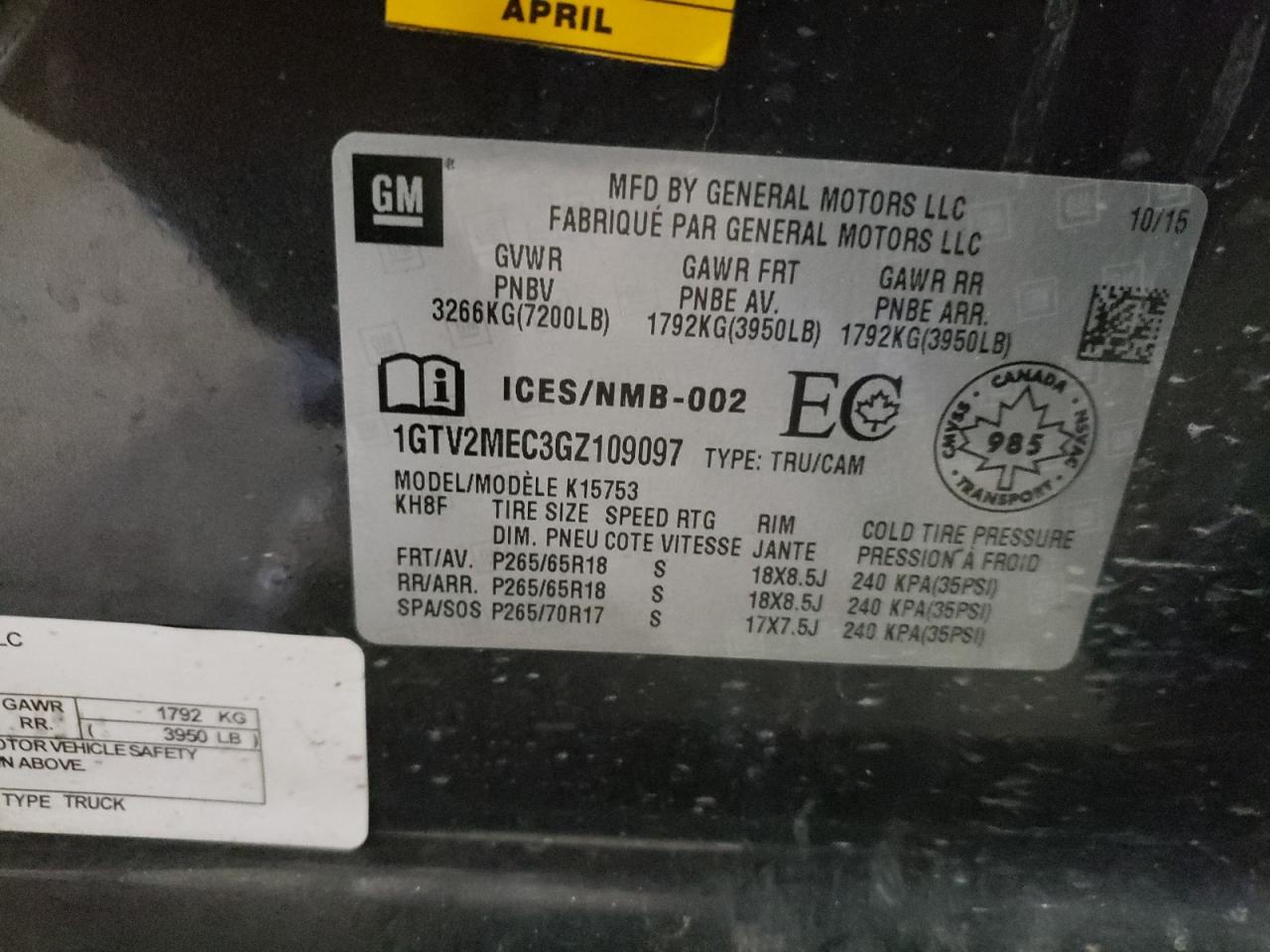 Photo 10 from auction – 2016 GMC SIERRA K15 with VIN 1GTV2MEC3GZ109097