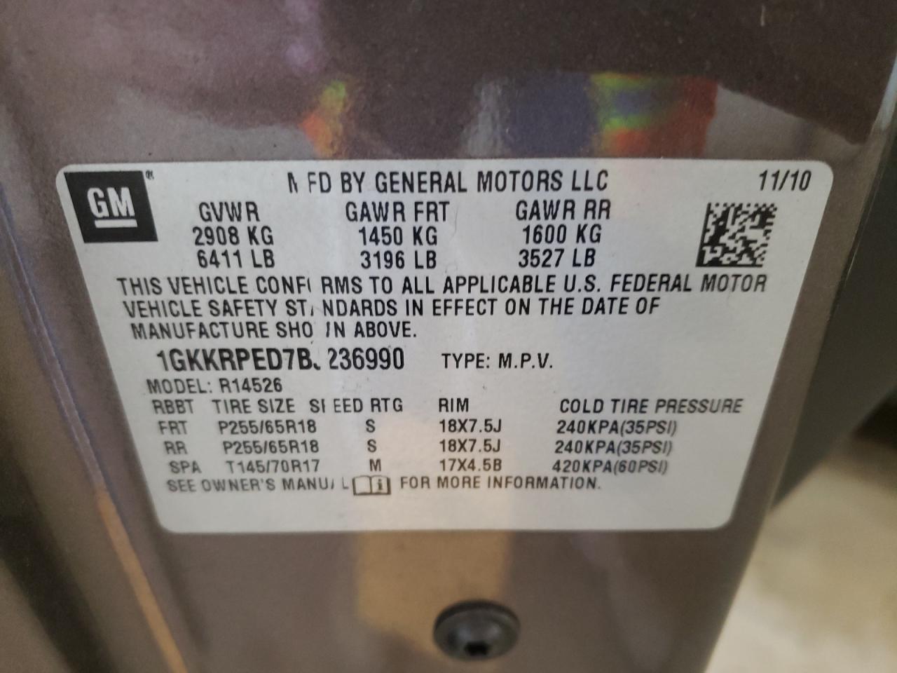 Photo 10 from auction – 2011 GMC ACADIA SLE with VIN 1GKKRPED7BJ236990