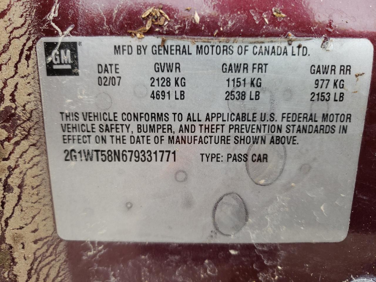 Photo 10 from auction – 2007 CHEVROLET IMPALA LT with VIN 2G1WT58N679331771