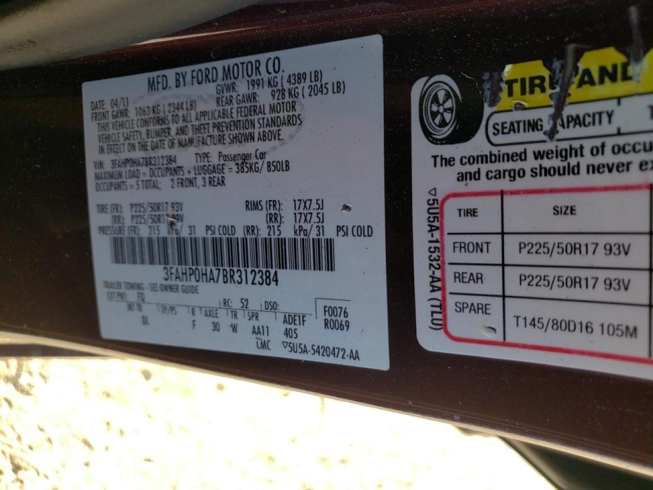 Photo 10 from auction – 2011 FORD FUSION SE with VIN 3FAHP0HA7BR312384