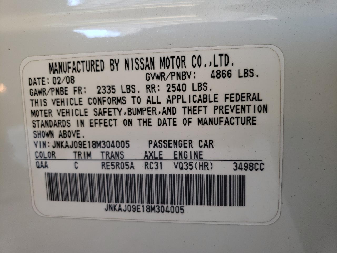 Photo 10 from auction – 2008 INFINITI EX35 BASE with VIN JNKAJ09E18M304005