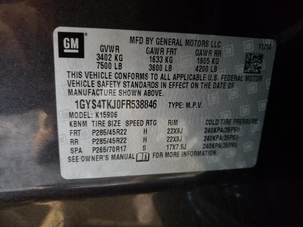 Photo 10 from auction – 2015 CADILLAC ESCALADE E with VIN 1GYS4TKJ0FR538846