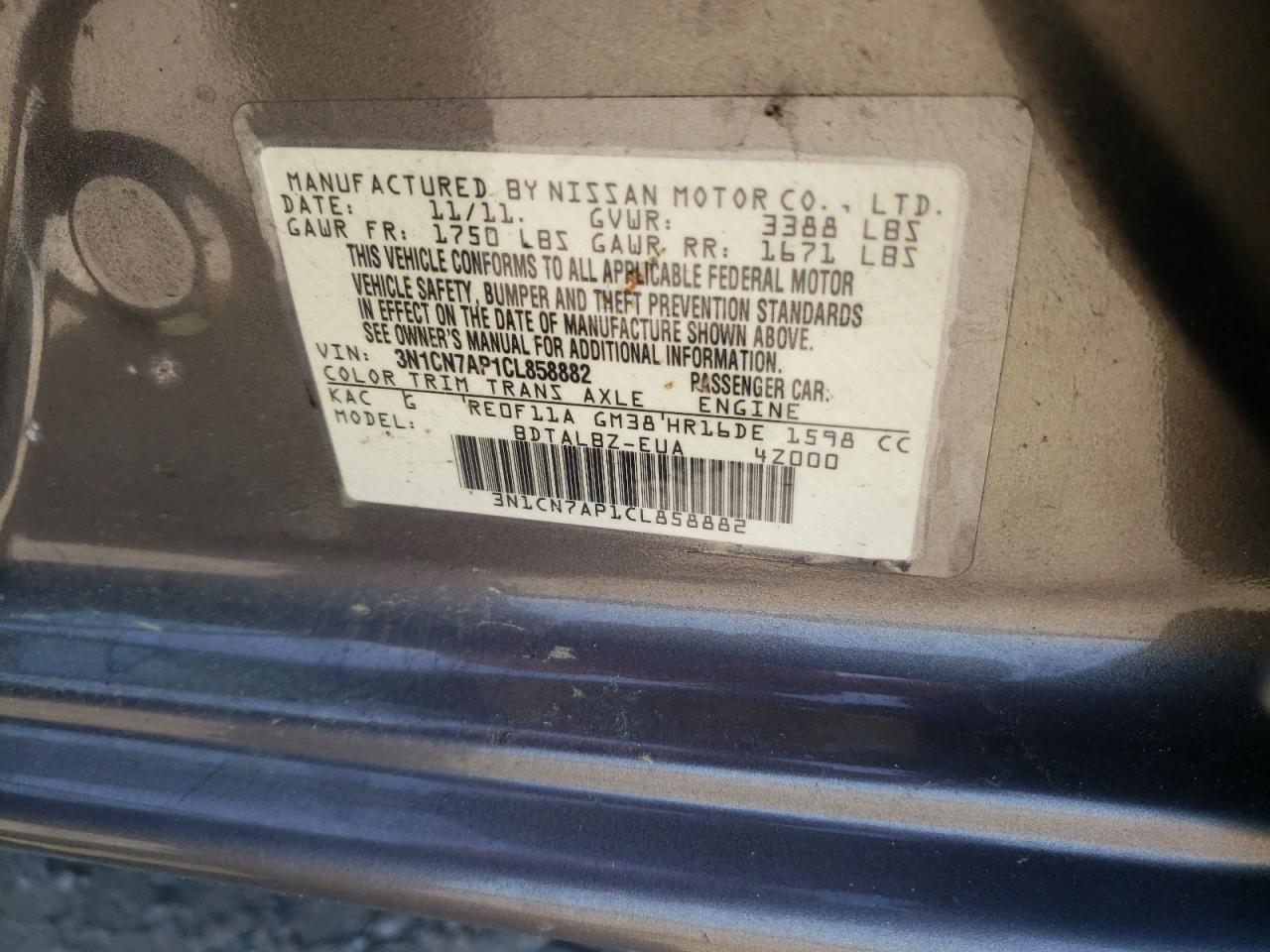 Photo 10 from auction – 2012 NISSAN VERSA S with VIN 3N1CN7AP1CL858882