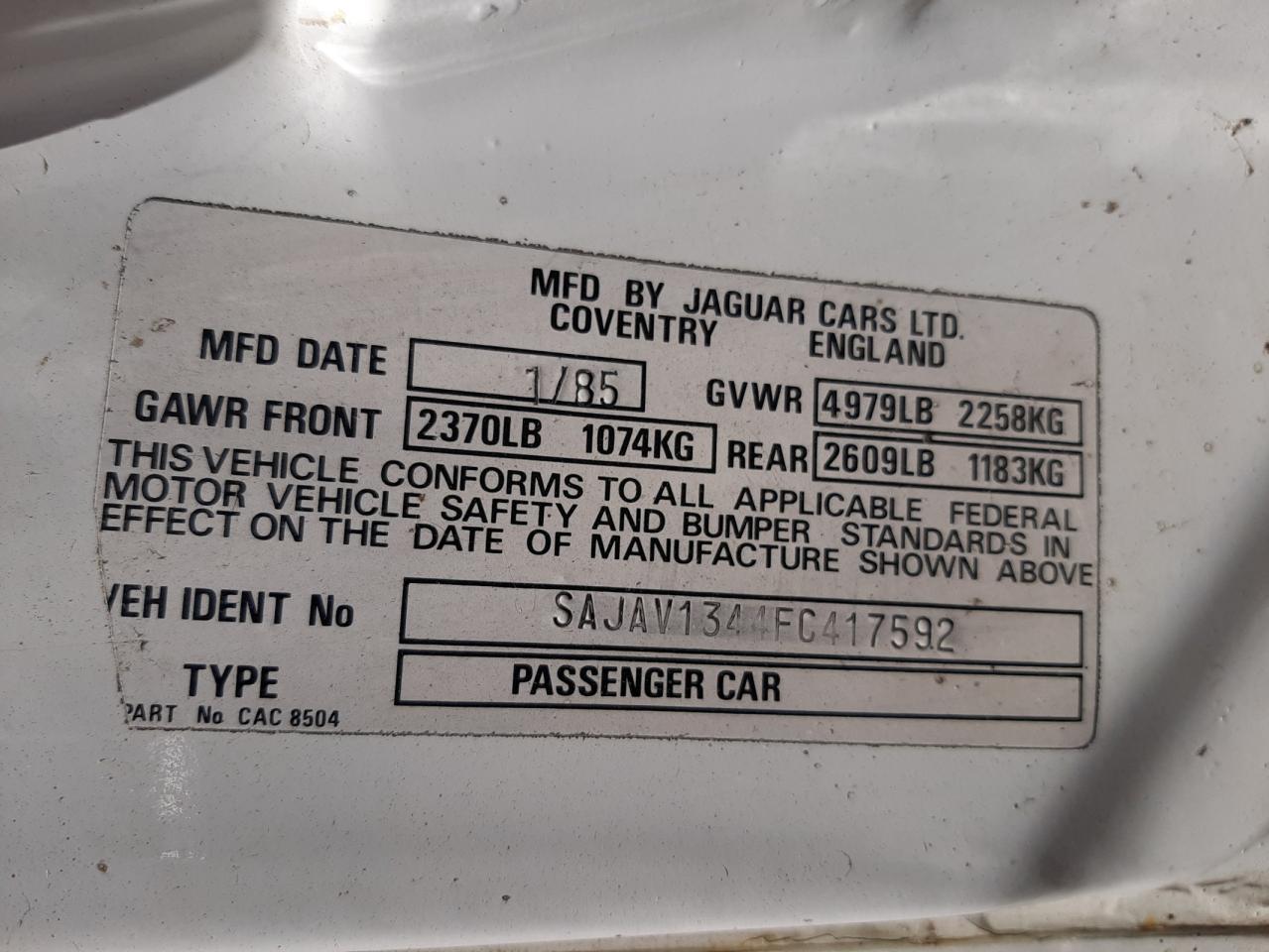 Photo 10 from auction – 1985 JAGUAR XJ6 with VIN SAJAV1344FC417592