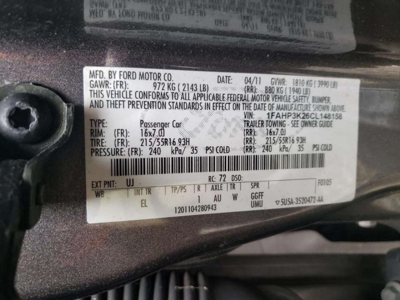 صورة رقم 10 من المزاد - 2012 FORD FOCUS SE مع VIN 1FAHP3K26CL148158